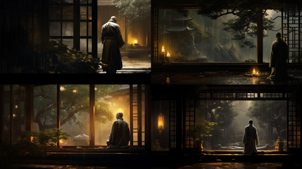 中国水墨画效果，平视视角，傍晚寺庙内，僧禅房，微黄烛光，年迈老和尚灯下望窗外，窗外雨落有芭蕉叶，暖色调，长焦镜头，侧光，静谧。