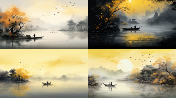 中国水墨画效果，全景视角，黄昏乌云密布，江面大雨，大船有篷，船内黄烛光，汉服男子打伞立船头，大雁飞过，岸黄叶飘零，冷色调，散景镜头，静谧。