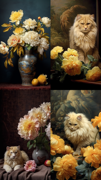 中国风。鹅黄色牡丹，工笔画风格，全景镜头，刺绣质感，手工痕迹，丰富细节，暖色调，精致。花瓣上撒金粉，颗粒感，内发光。花下有一只猫仰视。