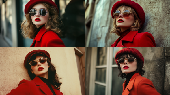 街拍法国美女，红大衣配贝雷帽与太阳镜，红唇冷漠，80年代风，中焦镜头，哈苏相机，颗粒感，电影光效，法国时尚杂志风格。