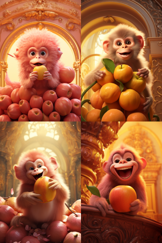 可爱猴子啃超大桃子，桃子被咬一口鲜艳多汁，3d卡通风，立体感强，高清，巴洛克皇宫室内背景，居中构图，暖色调，长焦镜头，正光，享受，俏皮。