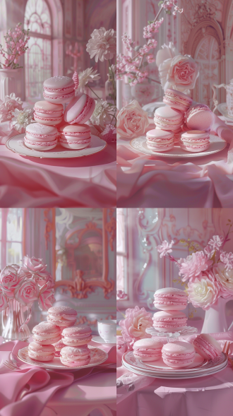 美食摄影。马卡龙。梦幻色。低对比度。提亮。法式餐盘餐具，法式餐巾。背景:法国宫廷。3d，立体感。诱人。