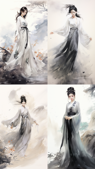 中国水墨画效果。水墨丹青。超广角，全景 ，汉服女子跳舞，长袖，衣带飘飘，婀娜多姿，衣服半透明，飘渺，简单，低对比度，低饱和度，张大千。