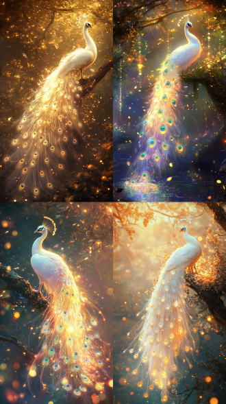 傲慢而美丽的透明发光白色孔雀站在空灵的和平树上，长长的彩色尾巴像玻璃一样，非常美丽的金花，它们透明而晶莹剔透，许多萤火虫，柔和的光线干净而透明，超现实，梦幻而美丽 8k  背景虚化