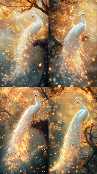 傲慢而美丽的透明发光白色孔雀站在空灵的和平树上，长长的彩色尾巴像玻璃一样，非常美丽的金花，它们透明而晶莹剔透，许多萤火虫，柔和的光线干净而透明，超现实，梦幻而美丽 8k  背景虚化