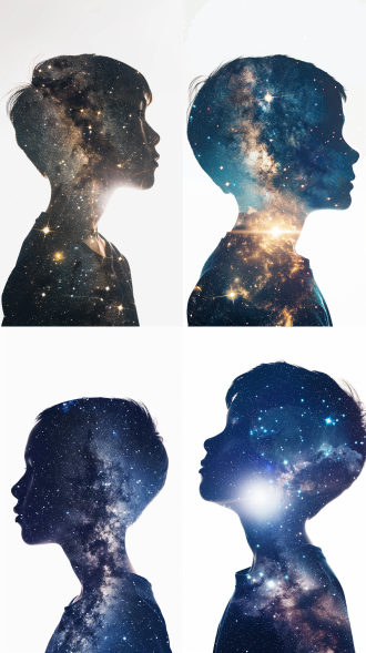 双重曝光的中国男孩头部剪影，侧脸。充满银河系等太空元素。高对比度，梦幻空灵。自然风格。好莱坞大片。