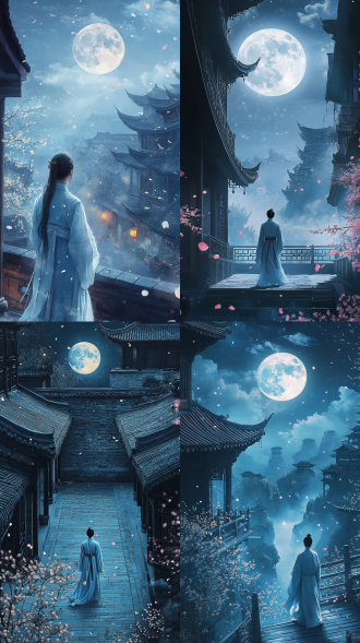 高空俯瞰视角。中国古代庭院。夜晚，一轮明月，春花烂漫，落花飘零，曲折的回廊，一个淡青色汉服中国书生站在回廊里赏月，侧脸，表情忧伤。工笔，唐代建筑，磨砂肌理，云雾缥缈，若隐若现，古韵留白，点彩，三维古风，高清。图片风格为写真，比例 9:16。