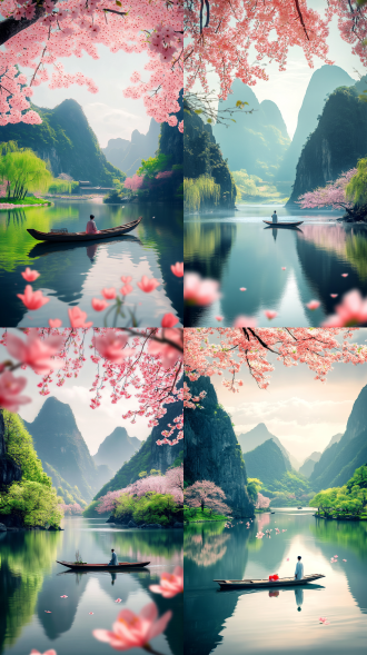 超广角俯瞰微缩江南风景，前景大河后青山，春花倒映，汉服带头巾中年男子站船头，三分构图，3d写实，8k，暖光，唯美。