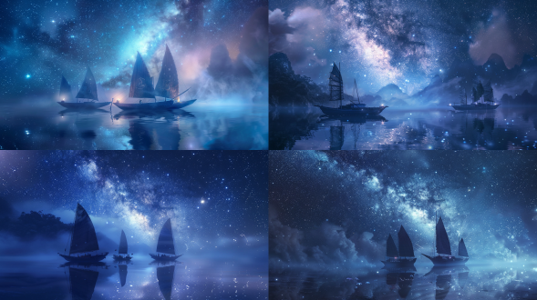 古代中国木筏漂浮在星河，传统星座丝帆，月光倒影，梦幻青银色调，薄雾环绕，全景，冷色调，长焦镜头，侧逆光，宁静，中国神话风