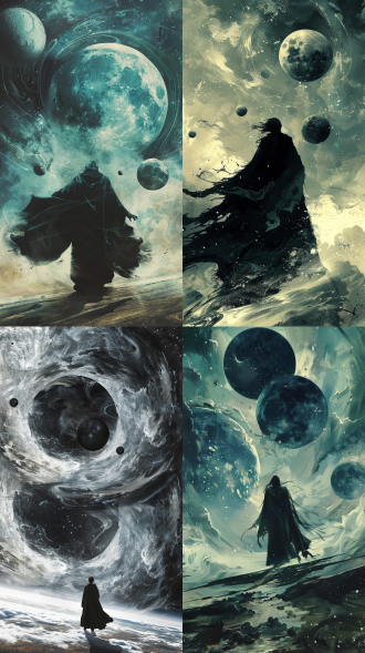 超现实时间扭曲，天空多日月，主角长袍在宇宙风中飘动，对角线构图，水墨融合，冷色调，超广角，逆光，动态模糊，奇幻。