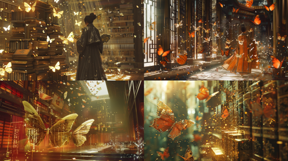 中国古代书房梦境，半透明汉服蝴蝶人穿梭古书迷宫，3d唐服与赛博骨骼融合，glsl数据流屏障，对角线构图，暖光，超现实，梦幻。