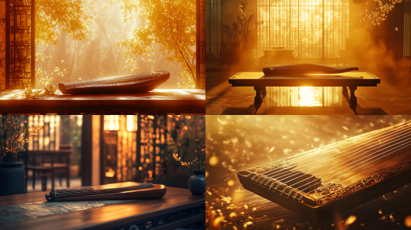 中国古代风格古琴，居中构图，水墨风，室内雅境，长焦镜头，顶光，泛暖黄，琴音涟漪现时空，梦幻。