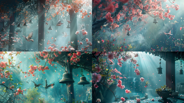 中国风春日梦境，杜鹃鸟，编钟残片与金沙玉琮，超广角，梦幻色彩，侧逆光，超现实风格，空灵氛围。