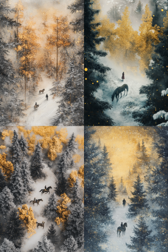 点彩水墨画与羊毛毡插画古风结合，毛绒树林金粉点缀，林间一人一马，雾气雪色，黄色水墨晕染，顶视图，高分辨率，32k，c4d、oc渲染。