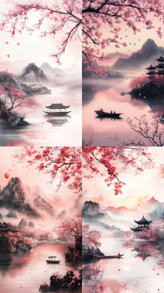 日出霞光下东方意境山水画，远景群山近景水域，小舟樱花亭台，水墨写意与数字精细结合，暖色调，逆光，长焦，空灵梦幻。