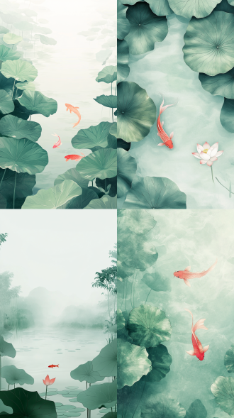 淡淡的绿色,淡淡的粉色,烟雨江南,极其微小的红色锦鲤在画面很小的位置,河面铺满一望无际的睡莲荷叶，内发光,极简风格,留白、完美构图,鸟瞰图，意境,水墨晕染,弥散渐变,三维古风，陈家泠，吴冠中，赵无极风格