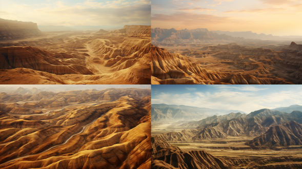 黄土高坡千沟万壑，广角镜头，远景，自然景观，黄褐色调，柔和光线，山脉连绵，沟壑纵横，壮丽，宁静。