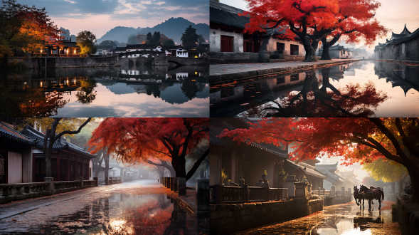 黄昏宏村秋天的乌桕树叶变红映着徽派建筑的马头墙极其优美人间仙境雾气蒙蒙仙境秀美风景色彩饱满超高清超广角俯拍远景真实风景唯美意境高清品质，对角线布局，暖色调，广角镜头，侧光，慢快门，宁静，梦幻，温暖。