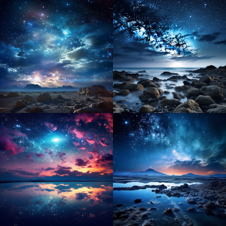 绚丽银河，广袤星空，深邃宇宙，星云环绕，星团璀璨，地平线，远景，超广角镜头，低光环境，长曝光，冷色调，神秘感，宁静，宏伟。