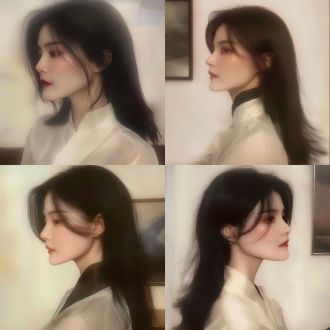 40岁国风少女着汉服连衣裙在书房，三分构图，侧脸，暖黄调，长焦镜头，顶光，静立，典雅，最高画质8k。