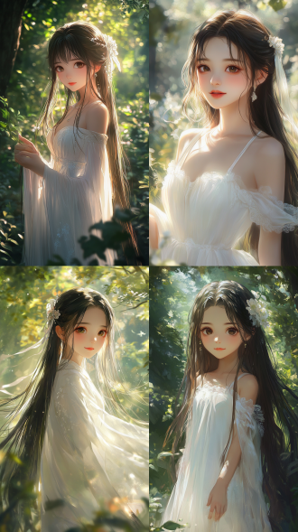 长发中国女孩，白裙子，大眼睛，可爱表情，线条清晰，颜色艳丽，油画风格，高清4k，卡通插画，广角，森林散步，阳光柔和，满足，微笑，细节丰富，色彩饱和，自然光，温馨氛围，艺术感，生动表情。