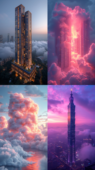 3d渲染高楼大厦，云雾环绕，淡雅色彩，极简风格，点彩技法，高斯模糊背景，动态模糊效果，陈家泠艺术风格，大面积留白，炫彩光影，内发光特效，静谧氛围，3d建模，柔和光线，低饱和度，极简构图，点彩细节，高斯模糊，动态模糊，艺术风格，留白空间，炫彩光影，内发光，静谧感。
