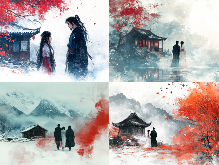 一男一女古装站立，男黑衣女白衣，雪原小木屋，中国山水风格，多层次构图，红色海蓝色，壁画写意迷幻插画，东方水墨细节雾气朦胧，水墨笔触，武术幻想，水墨中国漫画，白色背景，高对比度，广角镜头，侧光，静态，神秘。