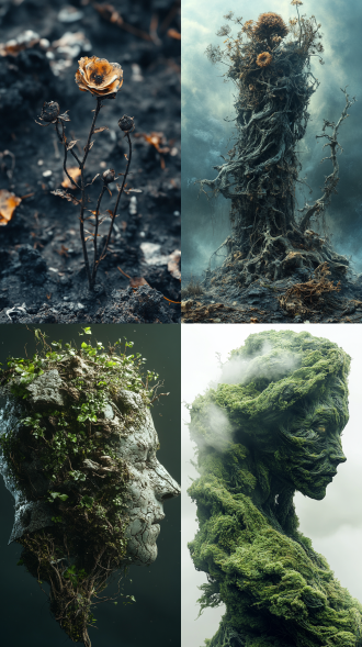 末世菜园，职务变异，异常健康粗壮，中心构图，荒芜背景，冷色调，长焦镜头，逆光，慢快门，植物扭曲，诡异，恐惧。