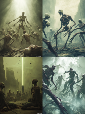 在一片腐烂与新生交织的混沌领域中，污秽之神的信徒们聚集在一起，他们的身体布满流脓的肿包，散发着令人作呕的腐臭，却依旧充满扭曲的生命力。蛆虫在溃烂的伤口中蠕动，苍蝇环绕飞舞，象征生生不息的诡异循环。圣光从天而降，却无法净化这些信徒，反而被他们的生命力所吞噬。背景是破败的城市与荒芜的土地，灰绿色的雾气弥漫，渲染出污秽之神作为“生命之神”的扭曲本质。画面中央，信徒们狂热地跪拜，展现圣光与腐化生命的无力对抗。。。超写实渲染，暗黑哥特和战锤40k相融合的风格，动态粒子光效，虚幻引擎5质感，杜比视界hdr