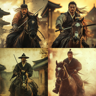 朝鲜时代男子骑马持剑前行，表情严肃，马鬃飞扬，以宁静平和街道为背景，三分构图，暖黄调，长焦镜头，逆光，动态模糊，庄重。