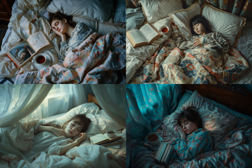 通过高分辨率的 dslr 相机镜头，想象一个画面，描述一个穿睡衣的姑娘趟在床上的场景。在柔和的灯光下，床上铺着柔软的棉被，一个年轻姑娘躺在上面，身穿舒适的睡衣。她轻轻地蜷缩着身体，安静地呼吸着。床边的书籍和一杯温暖的茶水显示出她刚刚结束了一天的忙碌。姑娘的脸上带着一丝微笑，她闭上了眼睛，仿佛在享受宁静的时刻。床头的窗帘微微飘动，透过窗户传来微风的呢喃声，让整个房间弥漫着宁静和温馨的氛围。在这安详的场景中，姑娘尽情放松，享受独处的宝贵时刻，恢复体力，准备迎接新的一天的到来。