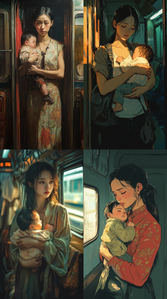a thin young china woman, holding a crying baby, stood in the sleeper compartment of a train with a sad face.