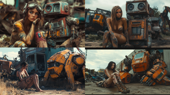 ow angle vieof a muscular woman,harsh colours,sharp focus,: a female figure with expressive facial features and freckled skin sits beside a rusting robot in a junkyard, raiig style.photorealism, hyperrealist, photojournalistic.