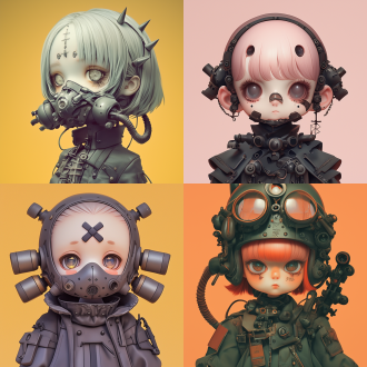 q版朋克风手办娃娃，全身镜头，结构主义装饰，朋克机器风面具，玻璃眼珠，手感漆材质，纯色背景，人脸特写，莫兰迪色系，柔和色彩。