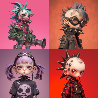 q版朋克风手办娃娃全身特写，玻璃眼珠，手感漆材质，结构主义装饰，朋克面具，莫兰迪色系，纯色背景，柔和光线，高级质感。