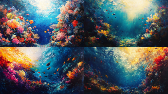 达芬奇风格油画，海底珊瑚群与热带鱼群，强烈立体感，五彩缤纷，丰富细节，4k画质，全景镜头，暖光，写实风，梦幻感。
