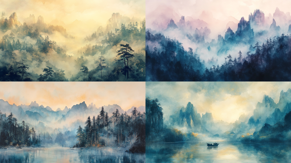达芬奇风格中国水彩画杰作，张家界国家森林公园清晨景，雾气弥漫，宁静氛围，强烈立体感，丰富细节，4k画质，散景镜头，侧光，暖色调。