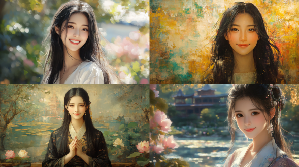 中国风水彩画版蒙娜丽莎微笑，32k高清，中景构图，古典园林背景，柔和色彩，长焦镜头，自然光，端庄神态，优雅，静谧。