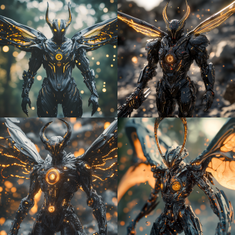 cyber-insect warlord in herculeskabuterimon evolution style, obsidian trident horns crackling with golden thunder, mantis vibro-blade arms with plasma-edged serrations, matte-black exoskeleton armor engraved with three realms battle runes, dynamic low-angle macro shot emphasizing 15-foot stature, bokeh-blurred battlefield strewn with shattered mecha, hydraulic pistons glowing crimson at joint articulations, biomechanical wings humming with electromagnetic resonance, particle effects simulating kinetic sand dispersion, cyber-taoist energy seals orbiting the torso, unreal engine 5 nanite-detailed carapace textures, cinematic rim lighting from below casting colossal shadow, depth-defying 12k resolution with motion blur on vibrating wings