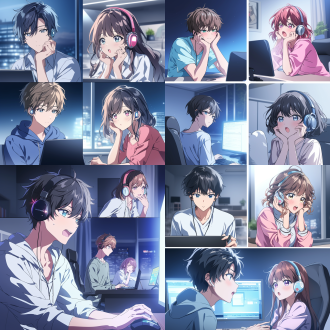 分成4个画面，女生和男生，看着电脑，戴着耳机，唱歌，夜晚，中景，正面镜头，插画风格，韩漫风，完美的构图，高质量的细节,明暗对照，16k分辨率 可爱风格