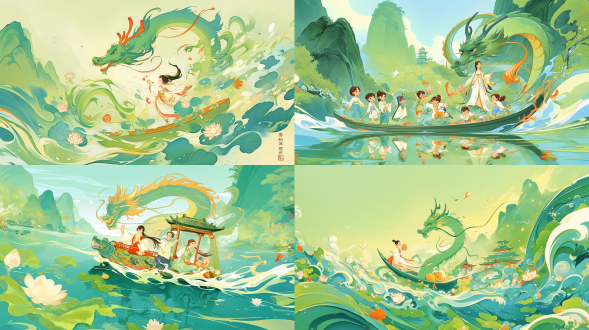 端午节龙舟，金色绿龙头，屈原持粽立舟上，荷花荷叶，水花四溅，宗祠山峦背景，平面矢量，潮流插画，绿调，自然与电影光，1920x1080。 对角线构图 正视 海报风格