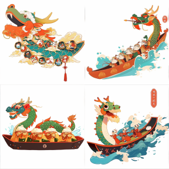 端午节朱红龙头绿身金饰龙舟挂桨伴粽，宗祠背景水花溅，暖光，潮流插画塑料质感，白底，高分辨率，38x38cm 。 标志 海报风格 珐琅徽章 对角线构图 龙舟