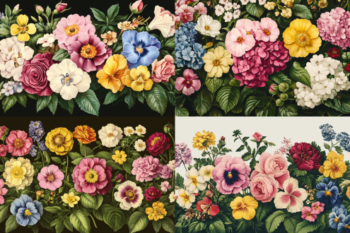 多种花卉组合，真实，绿叶，花园中，自然光，广角镜头，鲜艳色彩，层次感，细节丰富，生机勃勃，和谐共生。