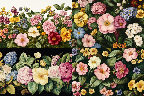 多种花卉组合，真实，绿叶，花园，自然光，微距镜头，鲜艳色彩，层次感，生机勃勃，和谐。