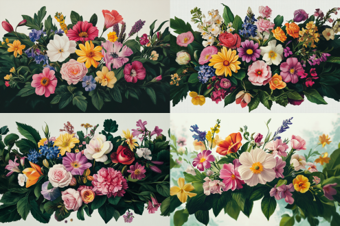 多种花卉组合，真实，绿叶，花园，自然光，微距镜头，鲜艳色彩，层次感，细腻纹理，柔和光线，自然布局，生机勃勃，和谐共生。