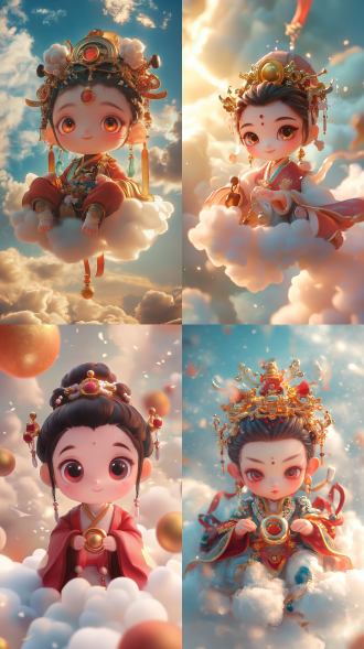 q版哪吒，大头红脸，动漫亮眸，着简化古装，持迷你乾坤圈，飘于云枕，对角线构图，暖光，软焦点，可爱风，粉彩。