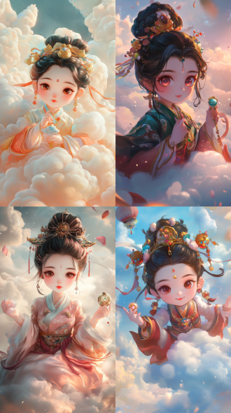 q版哪吒，大头粉颊、闪亮动漫眼，着简化古装，持迷你乾坤圈，浮于云枕，对角线构图，柔焦，暖光，可爱风，粉彩调。