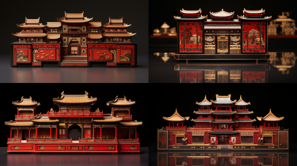 故宫风格双开门大漆首饰盒，红黑搭配，太和殿门窗造型，内有微缩场景，对称构图，暖光，特写，华丽，庄重。