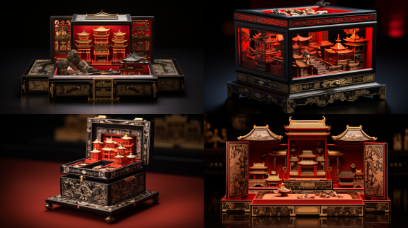 打开的正方形故宫风格双开门首饰盒，大漆工艺，红黑配色，有吉祥花纹，内藏故宫微缩景，居中构图，暖光，特写，精致，古典。