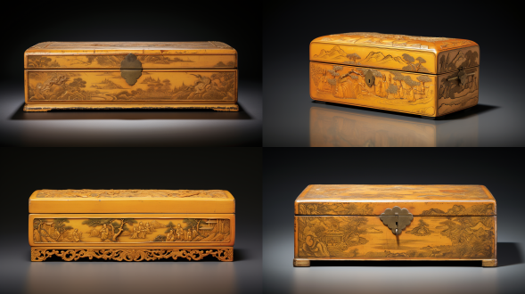 唐宋画风古代妆奁文化长卷，生活场景陈列战国到明清妆奁，水平构图，工笔风，暖黄调，顶光，细节丰富。